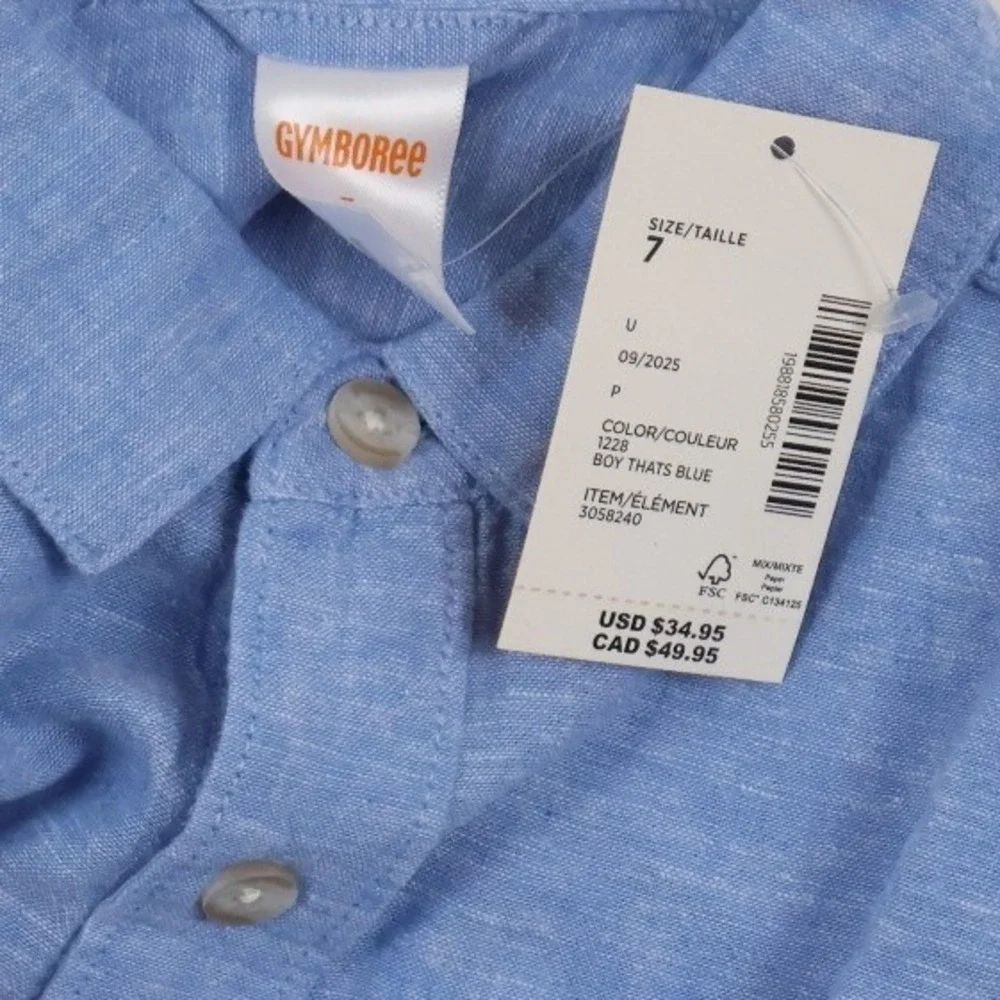 Gymboree Button Down Shirt Blue Solid Size 7 Linen Blend NWT